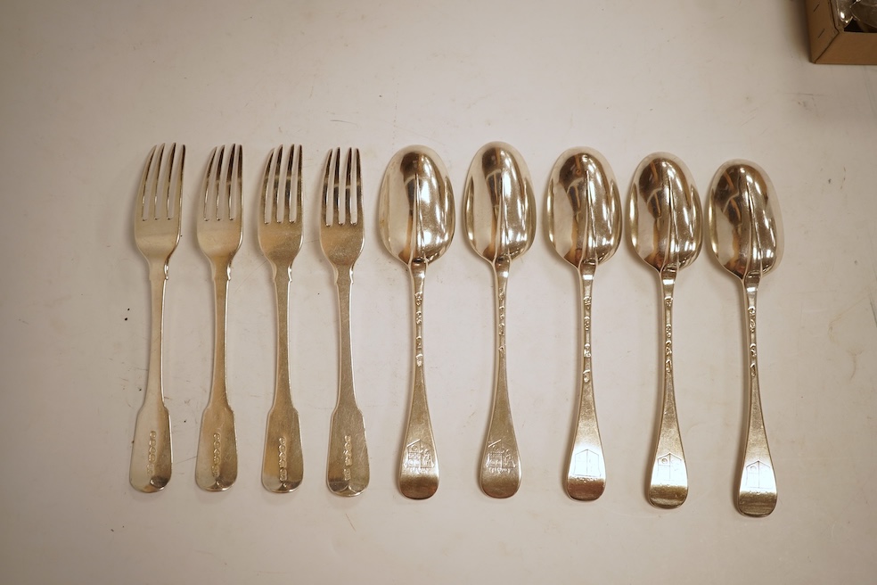 A set of five George I silver Hanoverian rat-tail pattern table spoons by Samuel Hitchcock, London, 1725 and four George IV silver fiddle pattern table forks, with engraved initial and crest, William Bateman, London, 182